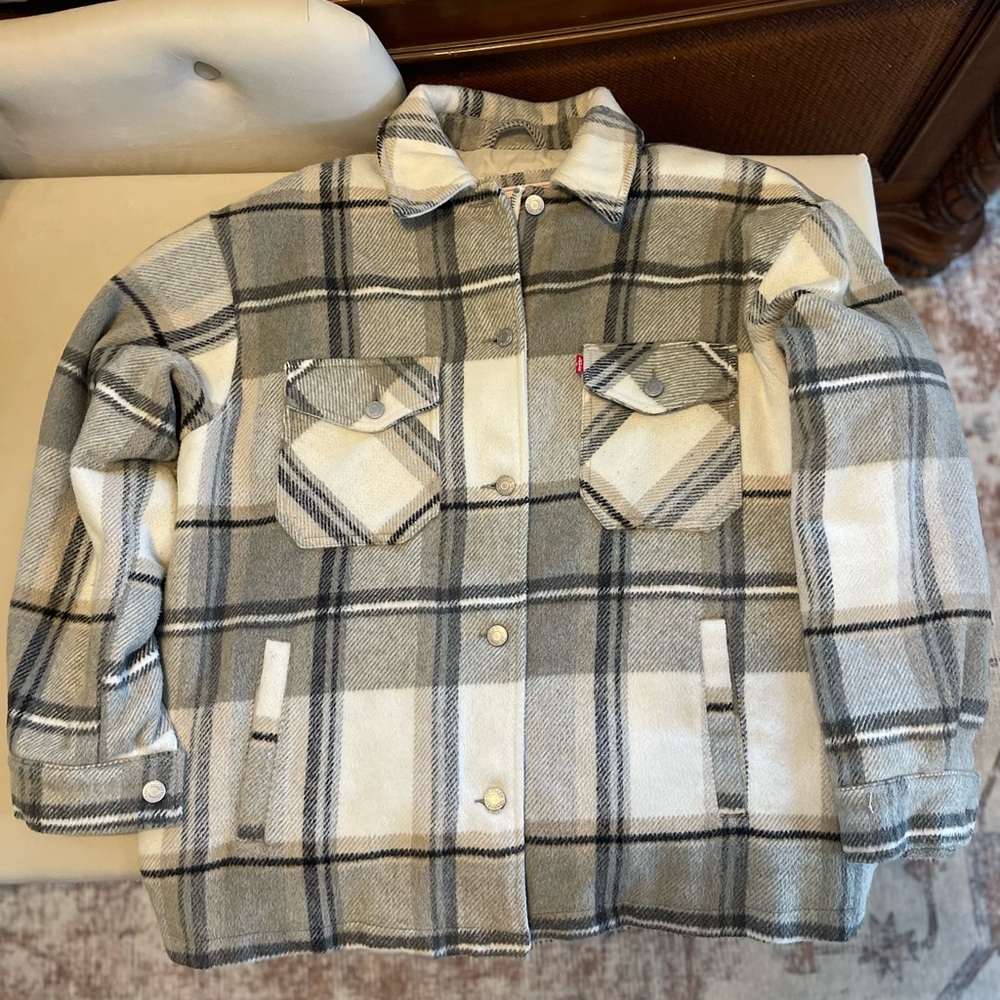 Levi's Wool Blend Insulated Flannel Jacket - Cream and Black - Zipper/Button Up